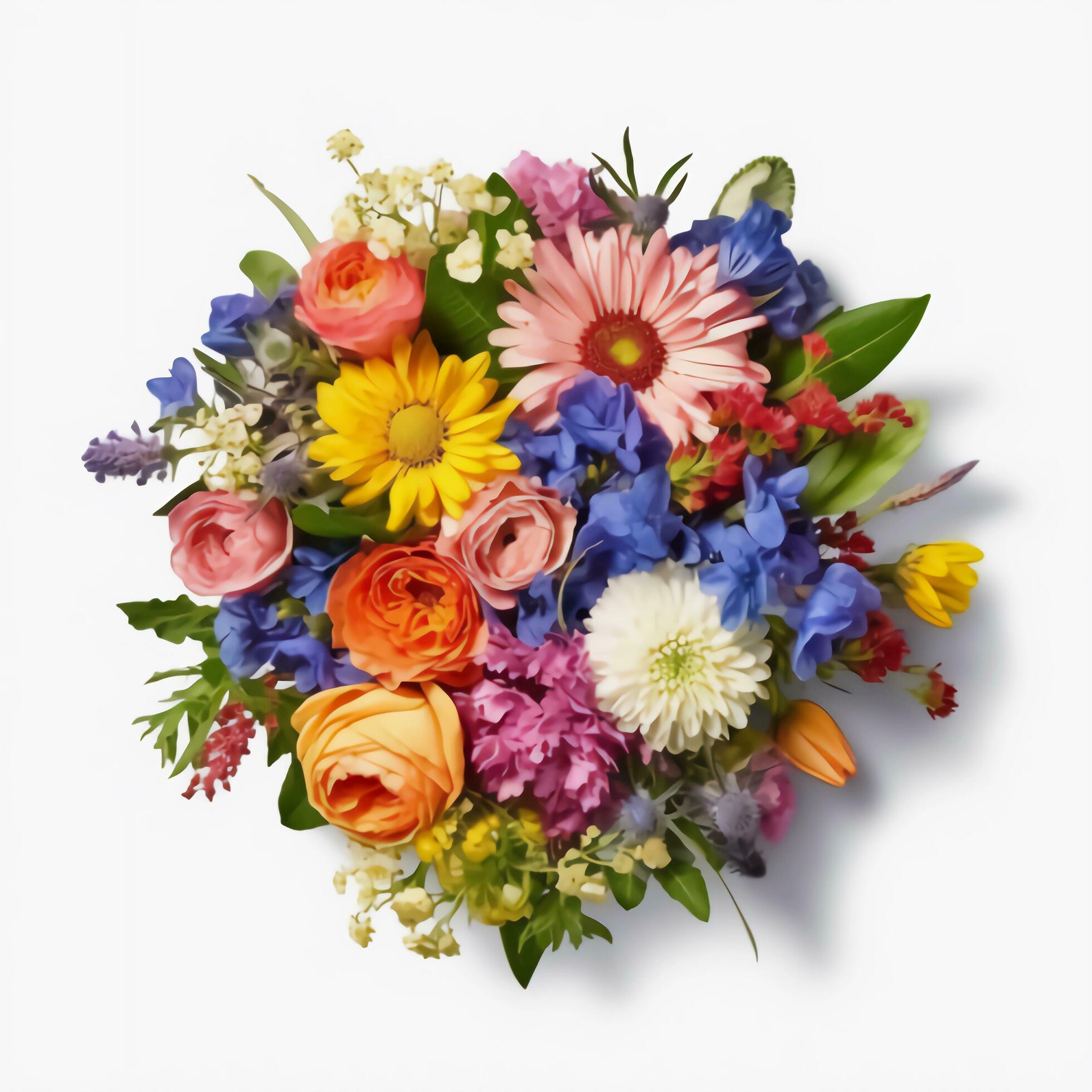 A top view of a bouquet of various colorful flowers. Isolated white background. AI Generated. Stock Free