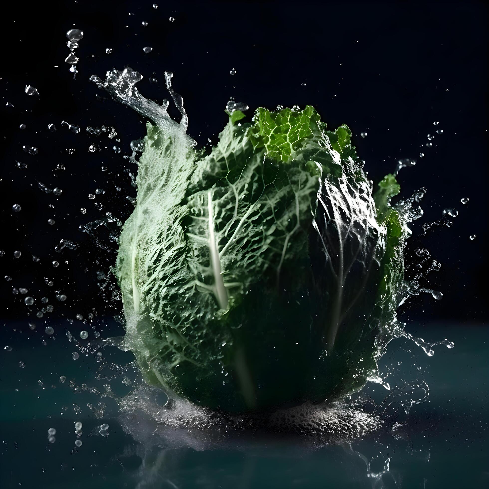 Fresh green cabbage with water splash on black background. Healthy food concept., Image Stock Free