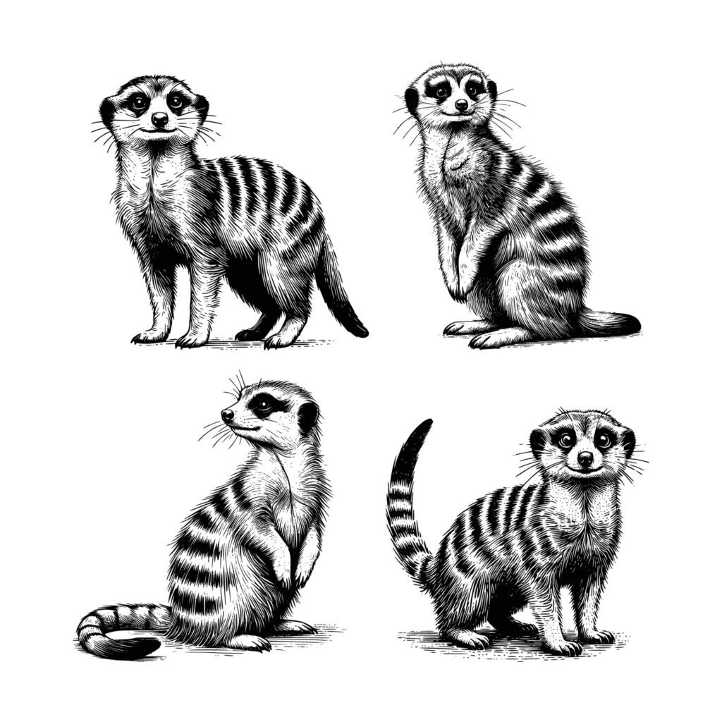 set of meerkat animal illustration. black and white hand drawn meerkat illustration isolated white background Free Vector