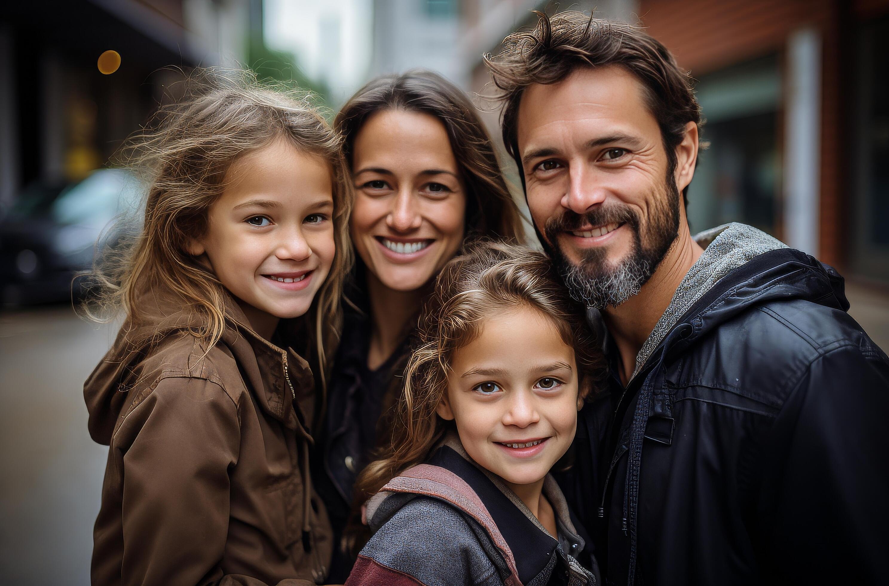 AI generated family in an urban street smile together, gray and brown Stock Free