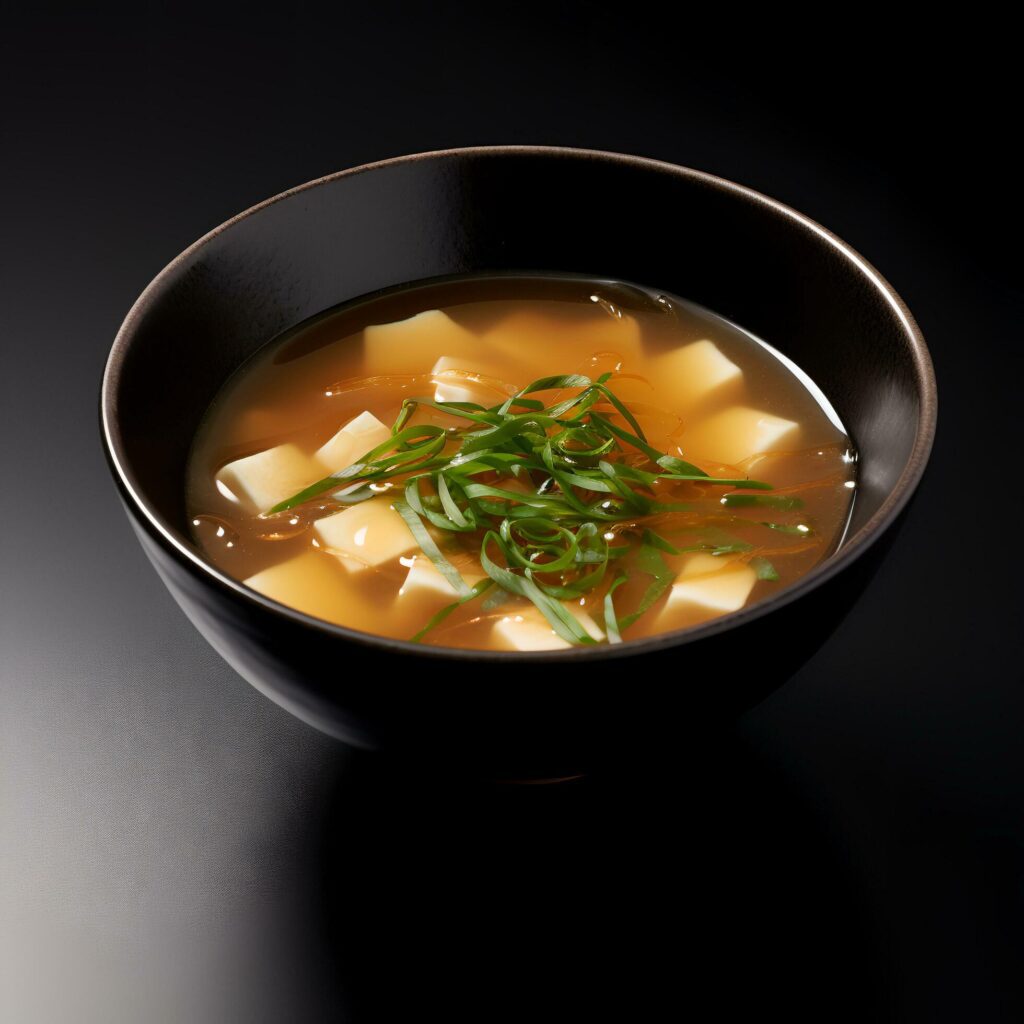 Food photography of Miso Soup on black bowl isolated on dark background. Generative AI Stock Free