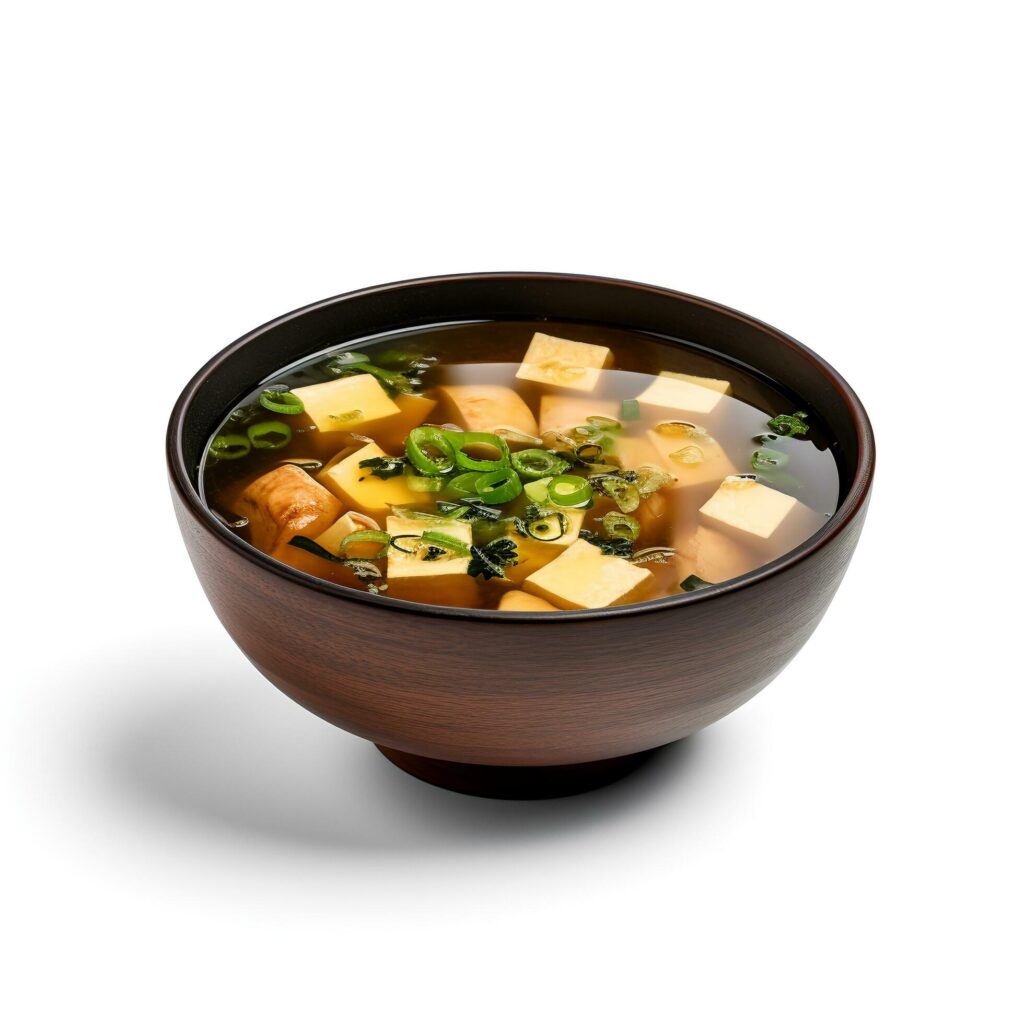 Food photography of Miso soup on black bowl isolated on white background. Generative AI Stock Free