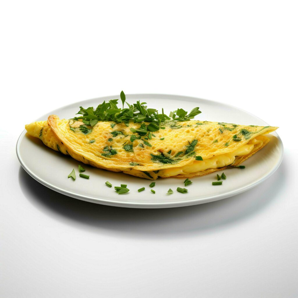 Food photography of Omelette on plate isolated on white background. Generative AI Stock Free