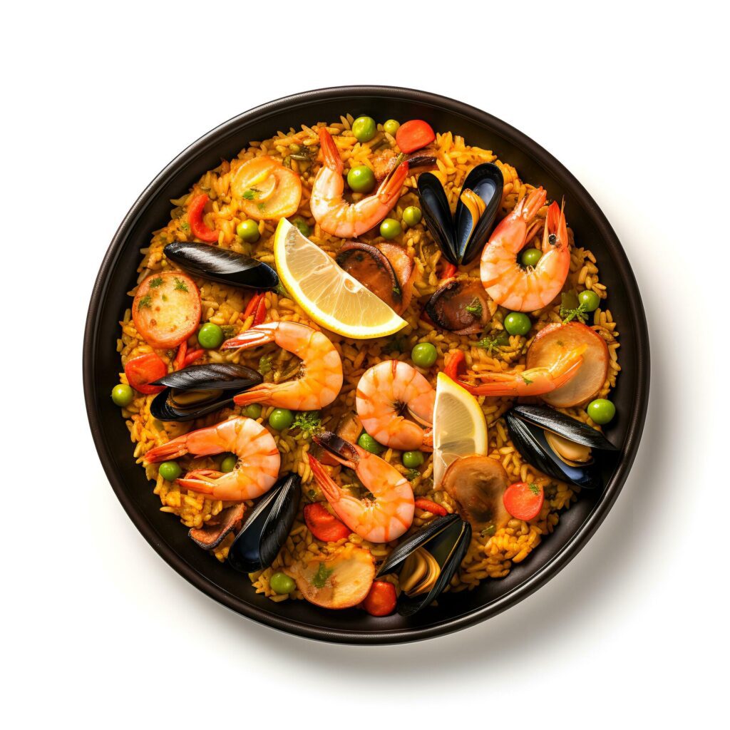 Food photography of Paella on plate isolated on white background. Generative AI Stock Free