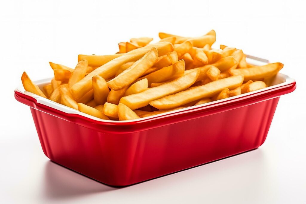 French fries in a special fast food red box isolated on white background Stock Free