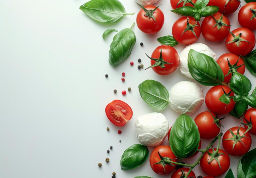 Fresh Tomatoes, Mozzarella and Basil on a White Background Stock Free