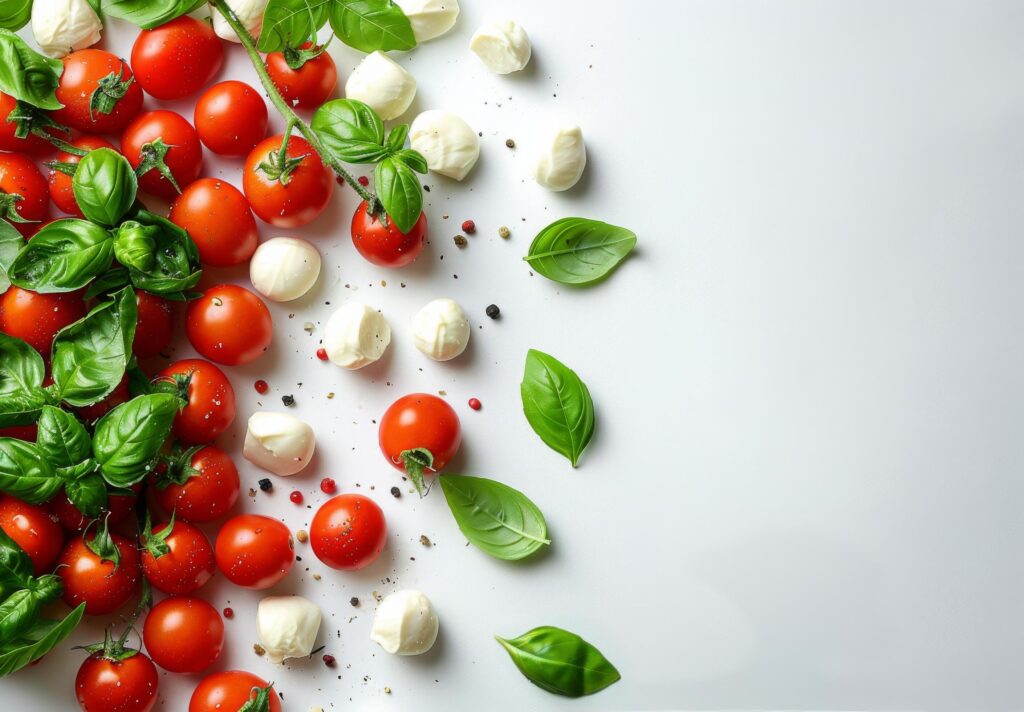 Fresh Tomatoes, Mozzarella, and Basil on White Background Stock Free