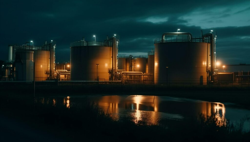 Fuel refinery illuminated at night with pipelines generated by AI Stock Free