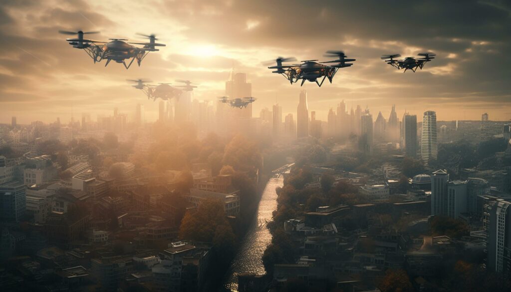 Futuristic cityscape ablaze with glowing drone surveillance generated by AI Stock Free