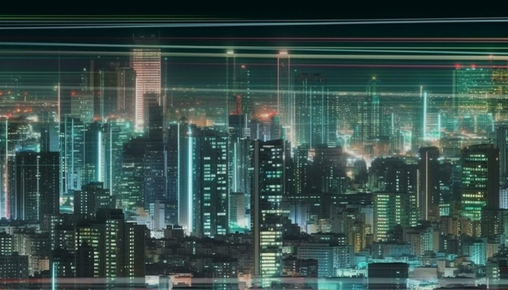 Futuristic skyscraper illuminates city skyline with multi colored glowing lights generated by AI Stock Free