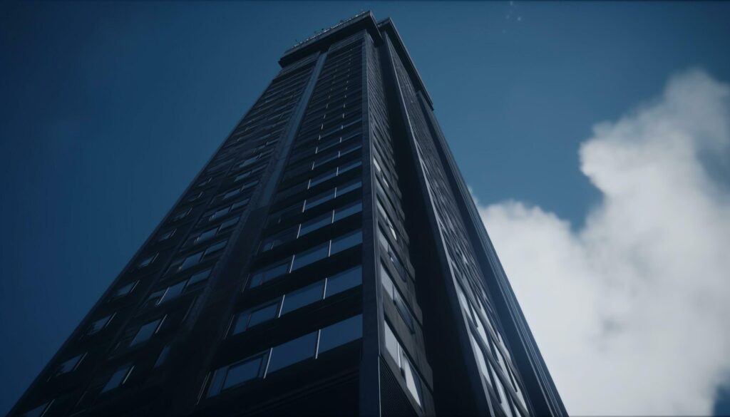 Futuristic skyscraper reflects blue sky in modern glass facade generated by AI Stock Free