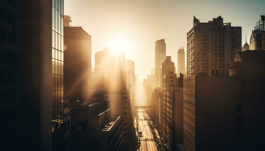 Futuristic skyscrapers illuminate city skyline at dusk generated by AI Stock Free