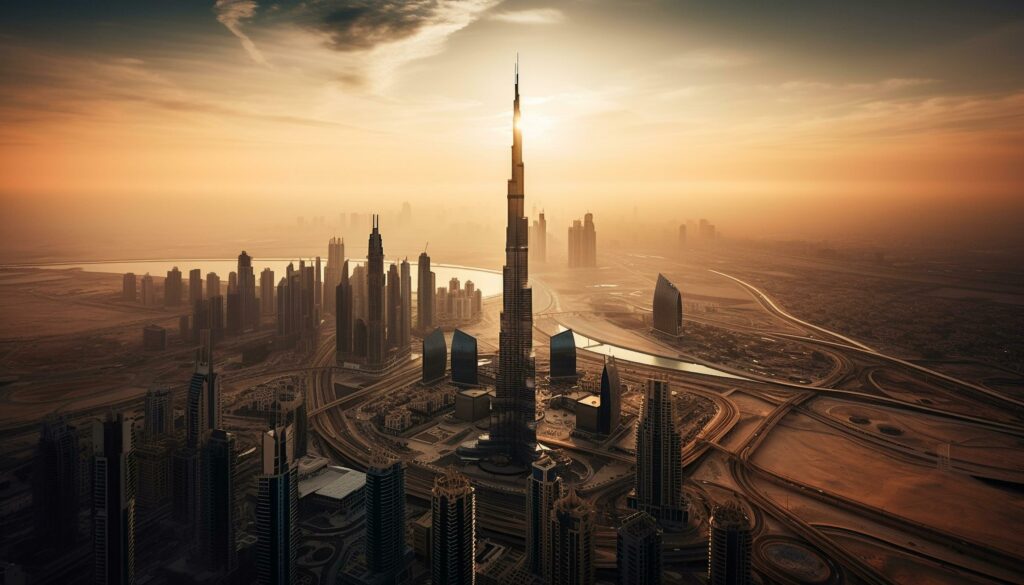 Futuristic skyscrapers illuminate the Dubai cityscape at dusk generated by AI Stock Free