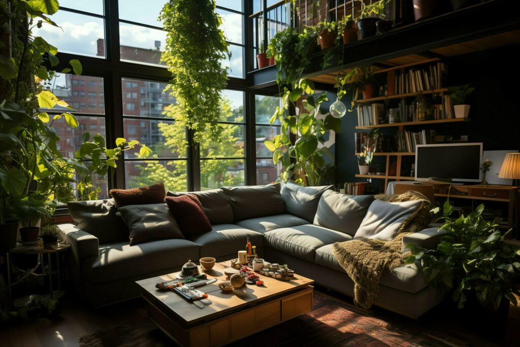 Garden or giant plant overgrowing of apartment inside. Style of living room design with green wallconcept by AI Generated Stock Free