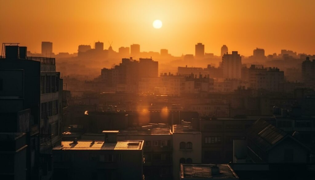 Glowing Beijing skyline reflects on yellow water generated by AI Stock Free