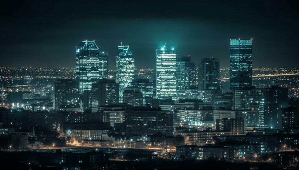 Glowing Beijing skyscrapers illuminate the futuristic cityscape generated by AI Stock Free