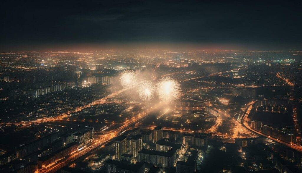 Glowing city skyline ignites with firework display generated by AI Stock Free