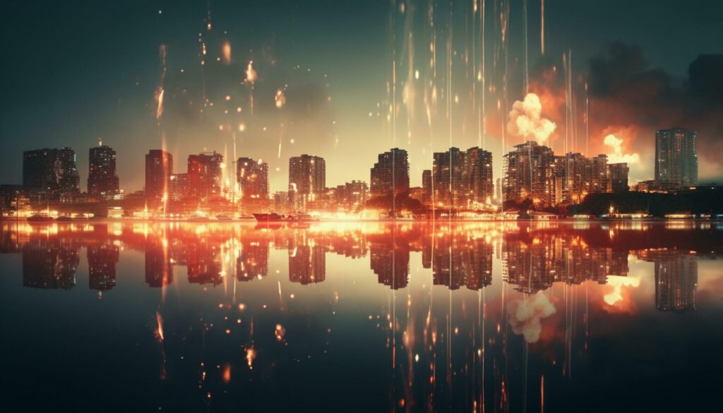 Glowing city skyline reflects on waterfront at dusk generated by AI Stock Free