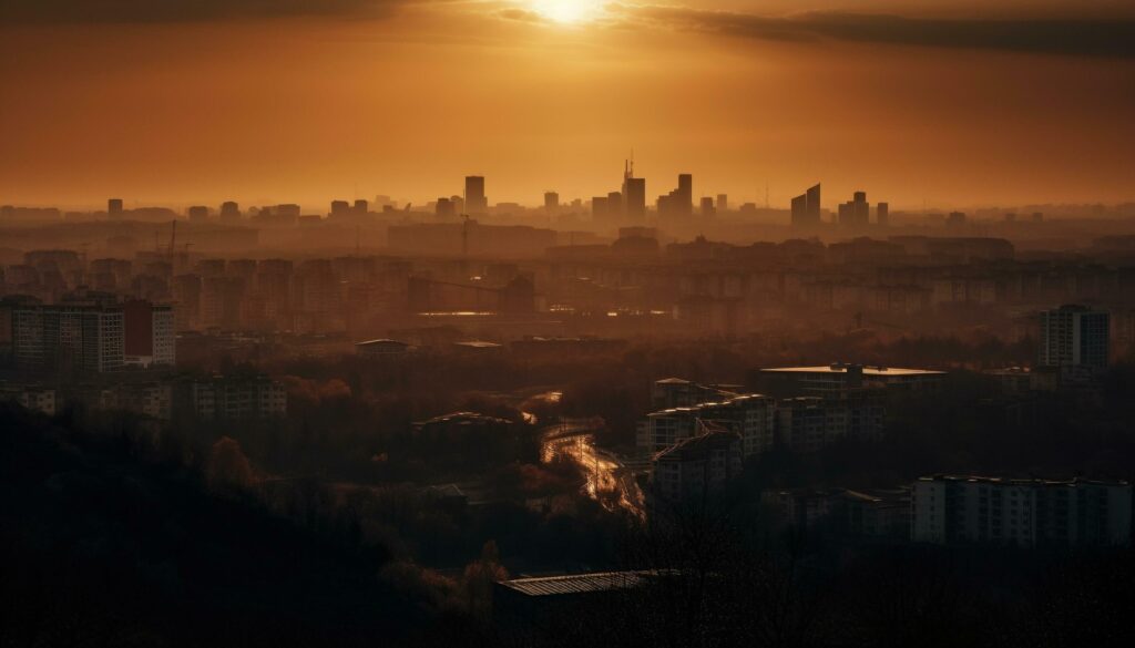 Glowing skyscrapers against cityscape, sunset silhouette panorama generated by AI Stock Free