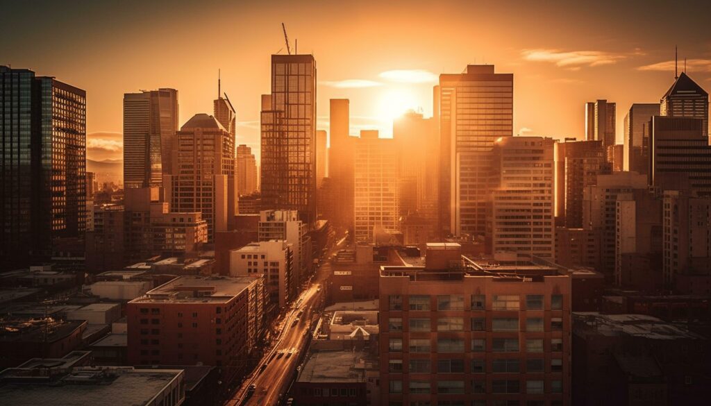 Glowing skyscrapers illuminate the crowded cityscape at dusk generated by AI Stock Free