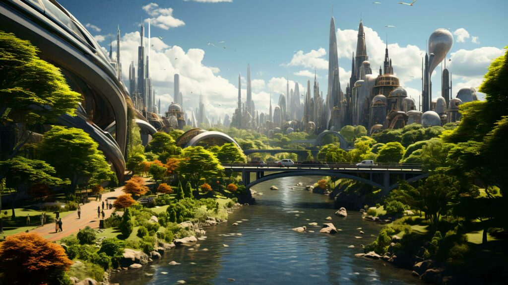 Green environmentally friendly city of the future with many green plants and alternative energy Stock Free