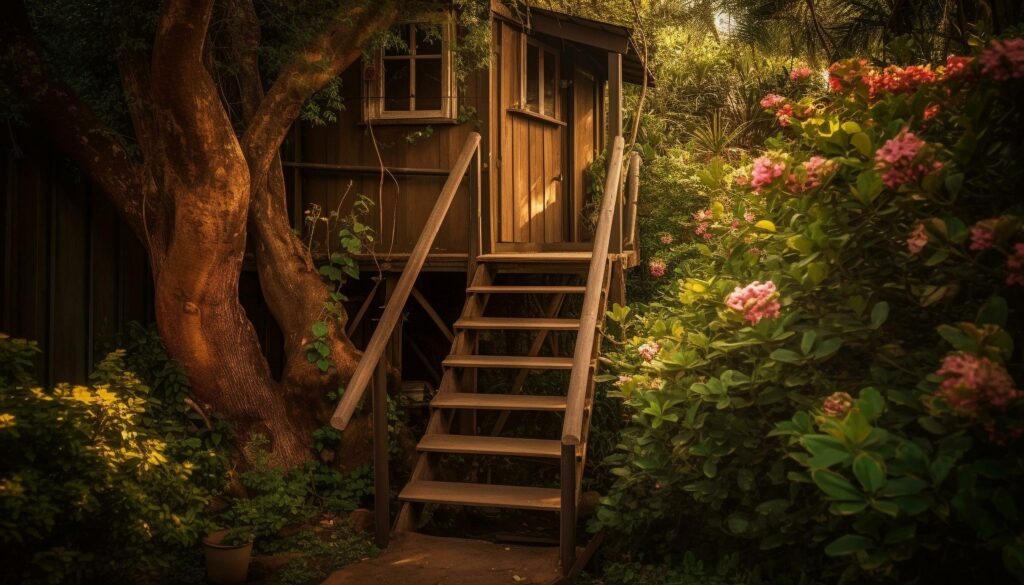 Green leaves adorn rustic staircase in forest cottage generated by AI Stock Free