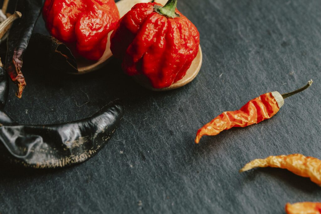 Hottest pepper in the world. Trinidad Scorpion Butch, thousands of times more spicy than Havana. On black slate background, with natural light. Spicy dark food food concept. Stock Free