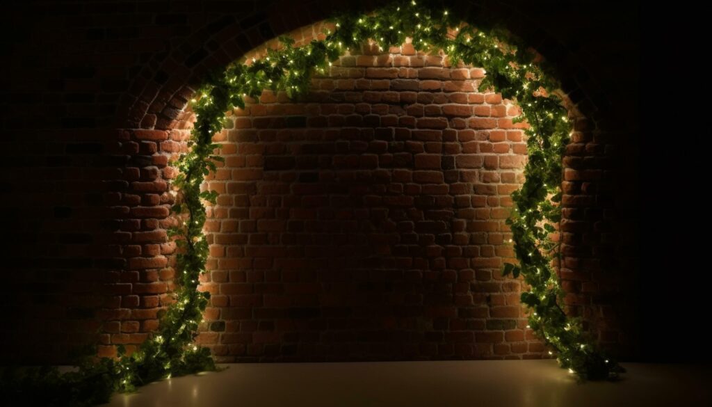 Illuminated brick wall backdrop with glowing abstract decoration and nature frame generated by AI Stock Free