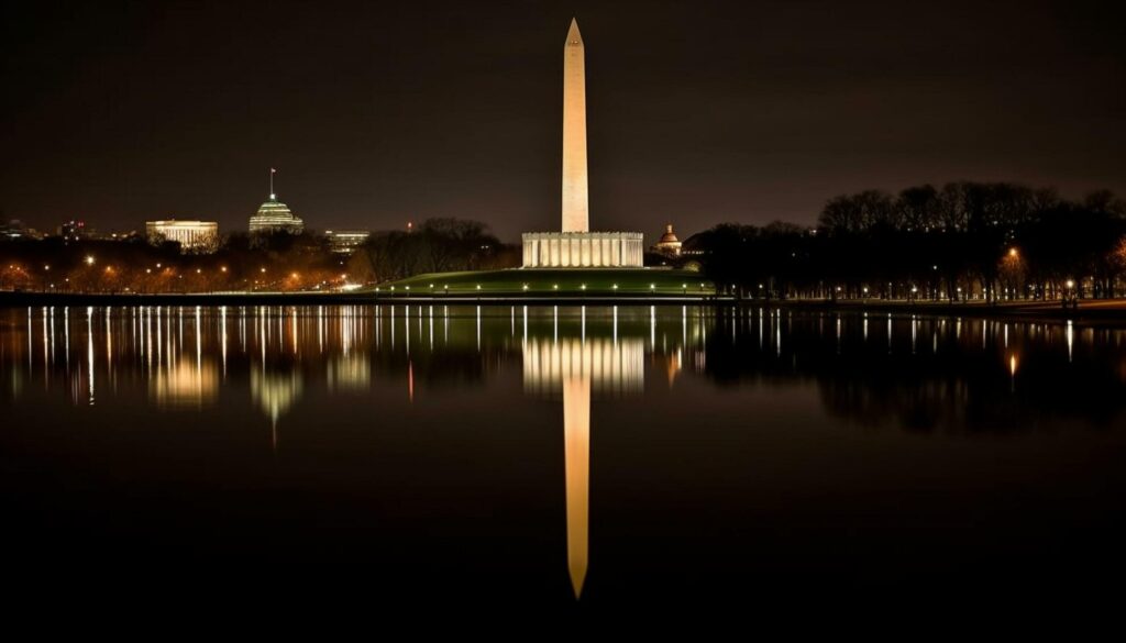 Illuminated monument reflects in water at dusk generated by AI Stock Free