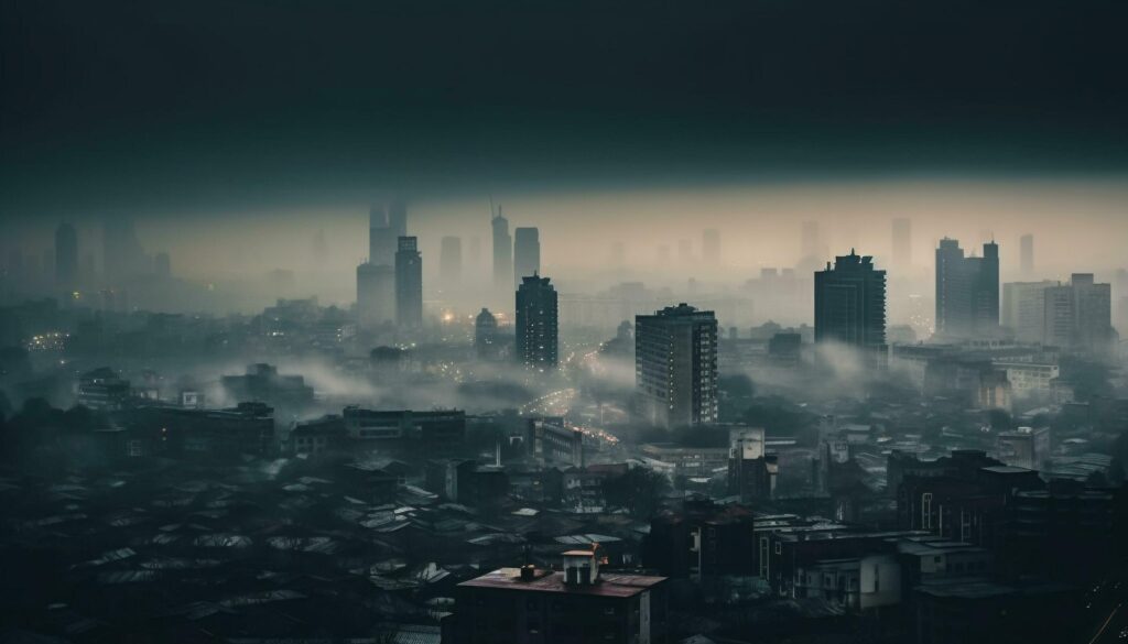 Illuminated skyscrapers reflect in the polluted dusk fog generated by AI Stock Free