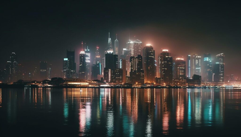 Illuminated skyscrapers reflect on the waterfront at dusk generated by AI Stock Free