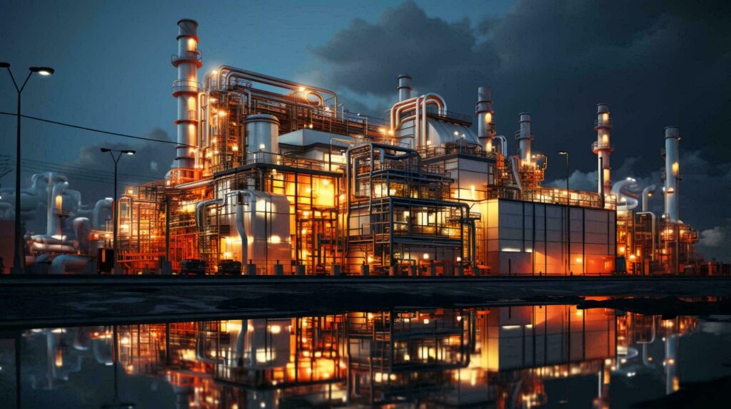 Industrial oil refinery petrochemical chemical plant with equipment and tall pipes at night. AI generated Stock Free