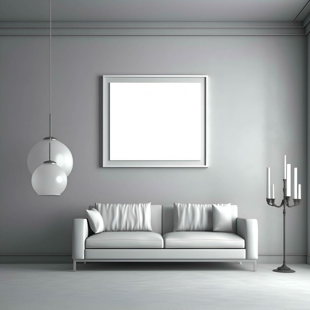 Interior of modern living room with white sofa and blank poster on wall Stock Free