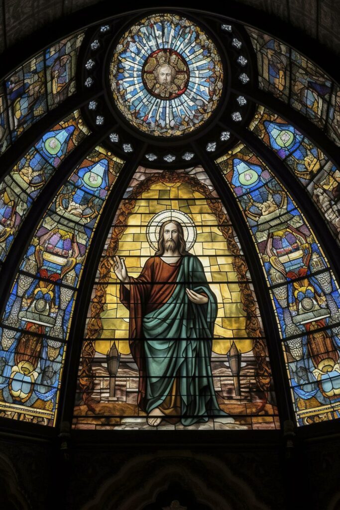 Jesus on the Cross – Stained Glass in Saint Severin Church, generate ai Stock Free