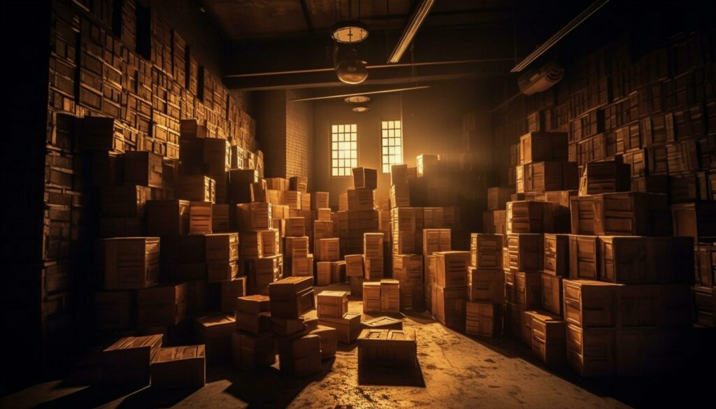 Large group of crates inside distribution warehouse generated by AI Stock Free