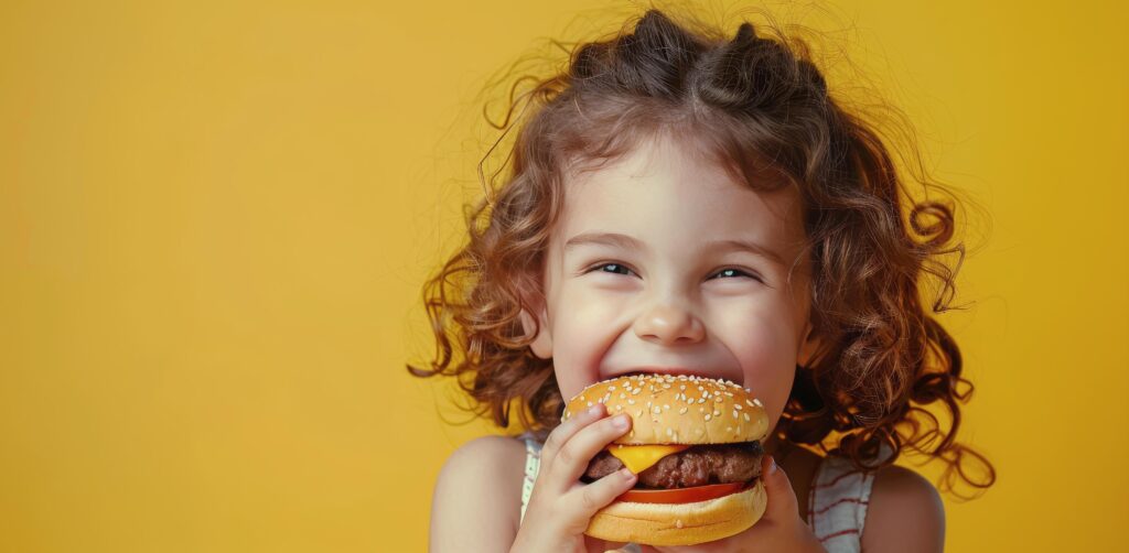 Little Girl Eating Hamburger on Yellow Background Stock Free