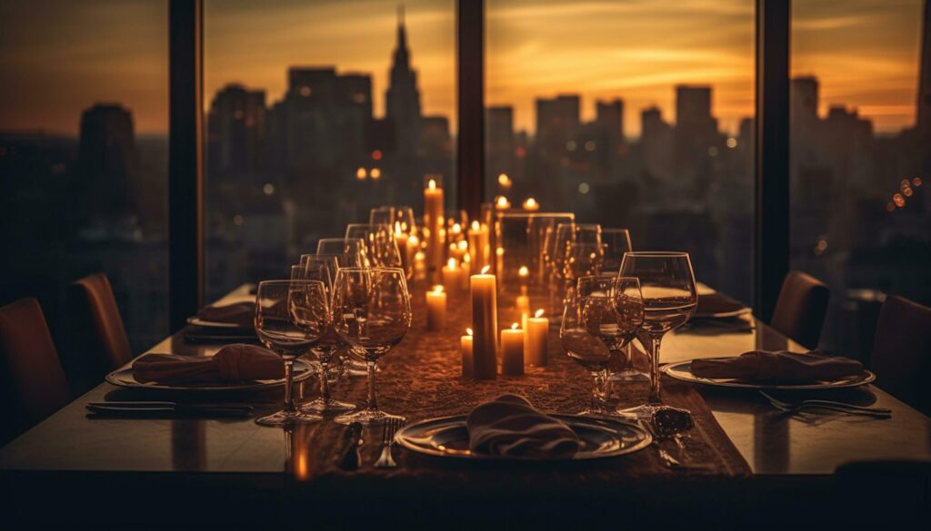 Luxury dining experience in the cityscape night generated by AI Stock Free