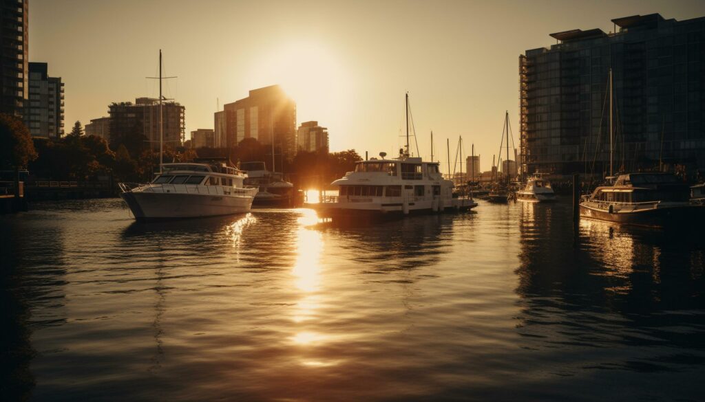 Luxury yacht sails into tranquil cityscape sunset generated by AI Stock Free