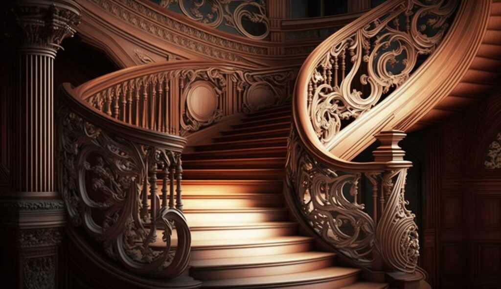 Majestic spiral staircase elegance in wrought iron generated by AI Stock Free