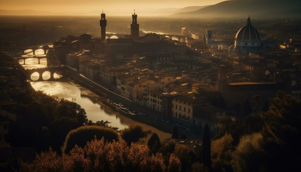 Medieval basilica atop Italian city illuminated at sunset generated by AI Stock Free