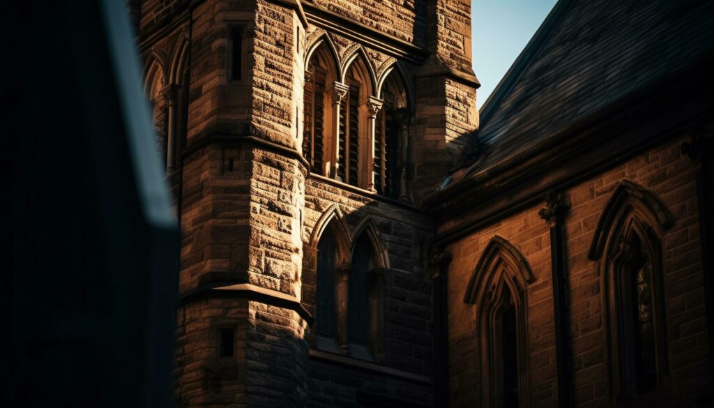 Medieval chapel illuminated by spooky gothic cross generated by AI Stock Free