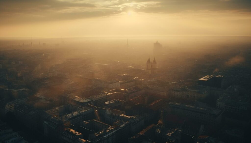 Medieval city skyline illuminated by sunset glow generated by AI Stock Free