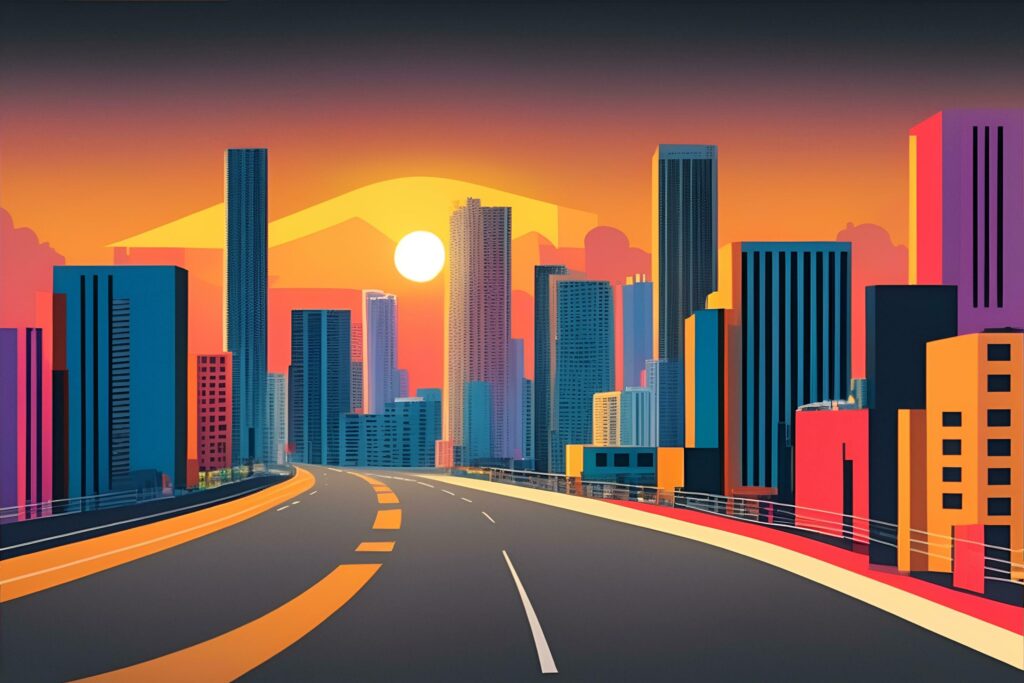 Miami street colorful hues highly detailed flat design. City skyscrapers, urban background. Stock Free