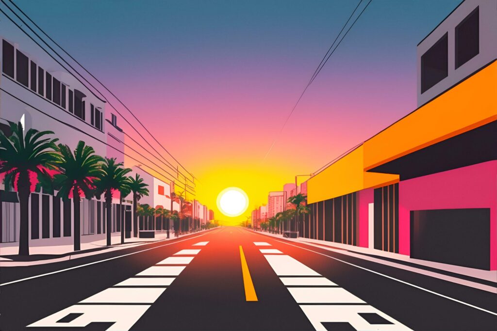 Miami street colorful hues highly detailed flat design. City skyscrapers, urban background. Stock Free