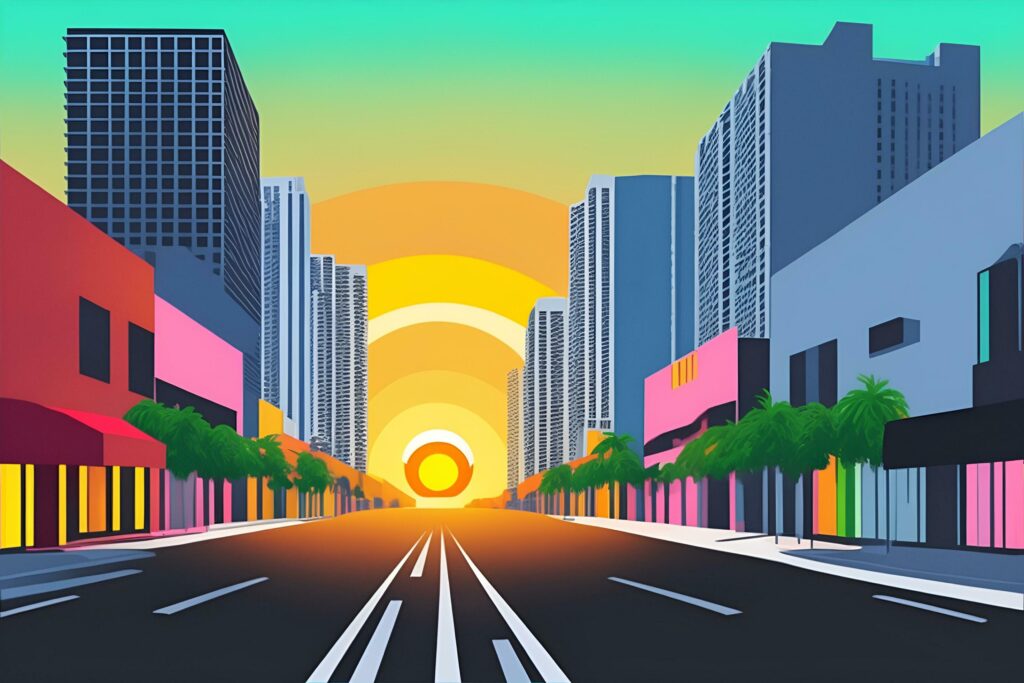 Miami street colorful hues highly detailed flat design. City skyscrapers, urban background. Stock Free