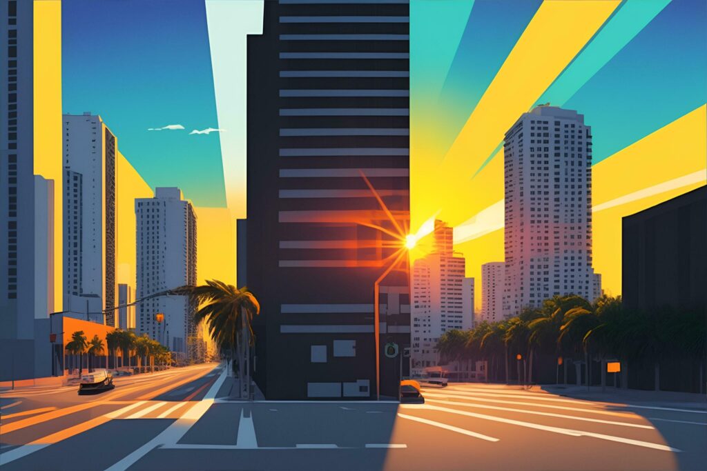 Miami street colorful hues highly detailed flat design. City skyscrapers, urban background. Stock Free