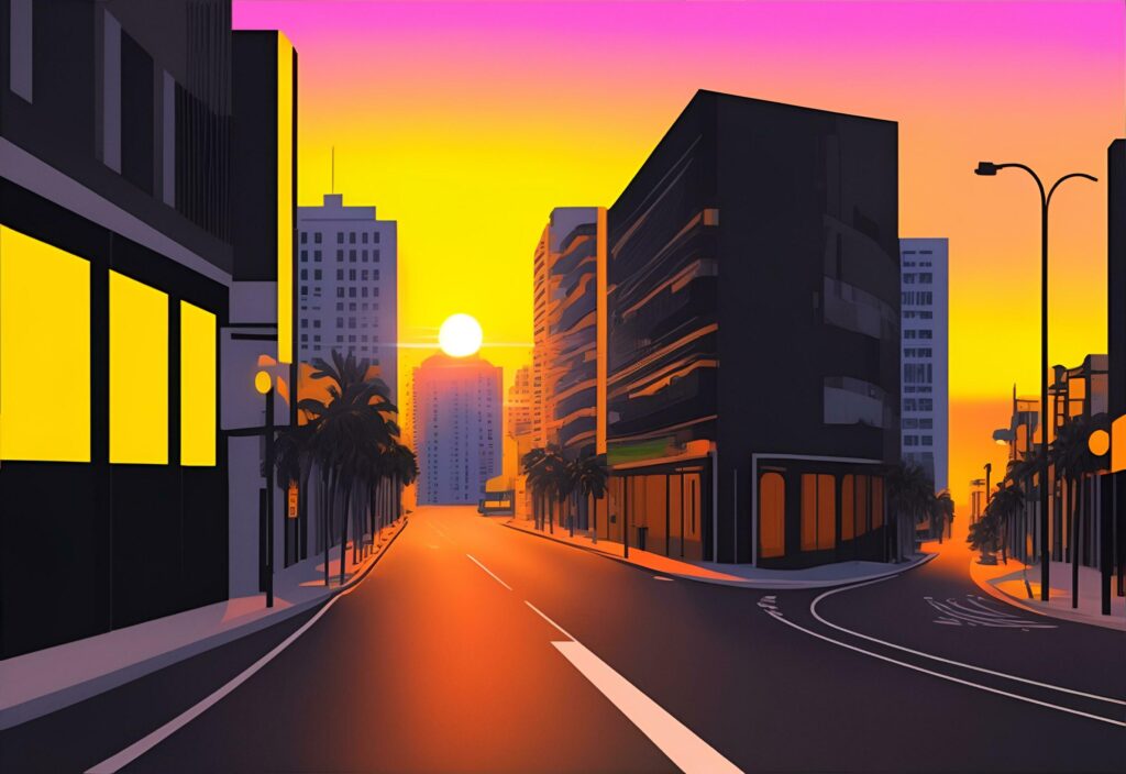 Miami street colorful hues highly detailed flat design. City skyscrapers, urban background. Stock Free