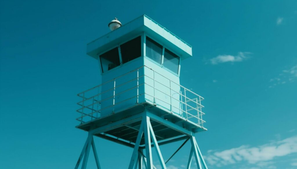 Modern air traffic control tower overlooks bright blue coastline landscape generated by AI Stock Free