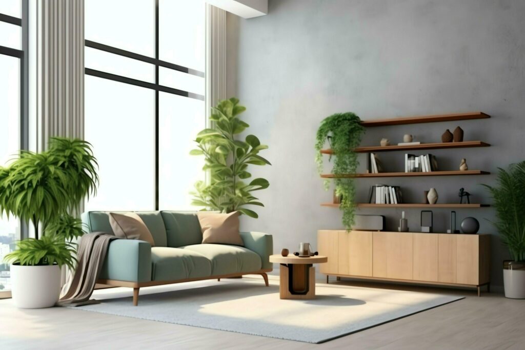 Modern apartment interior in living or bedroom design with working table, furniture, and bookshelf. Luxury home scandinavian concept by AI Generated Stock Free