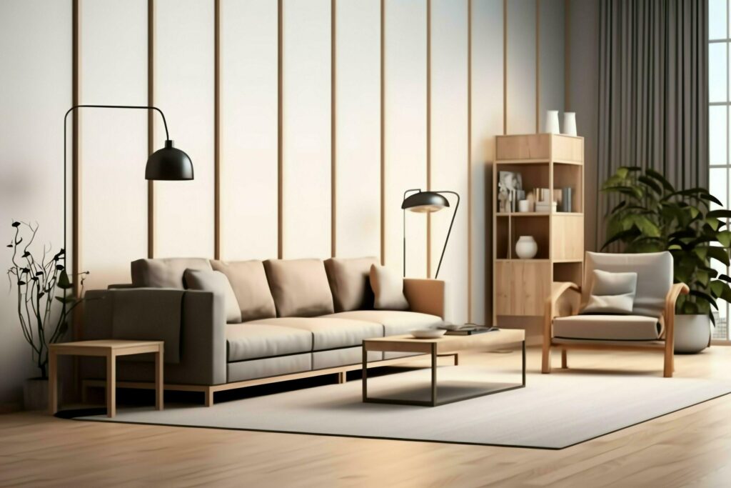 Modern apartment interior in living or bedroom design with working table, furniture, and bookshelf. Luxury home scandinavian concept by AI Generated Stock Free